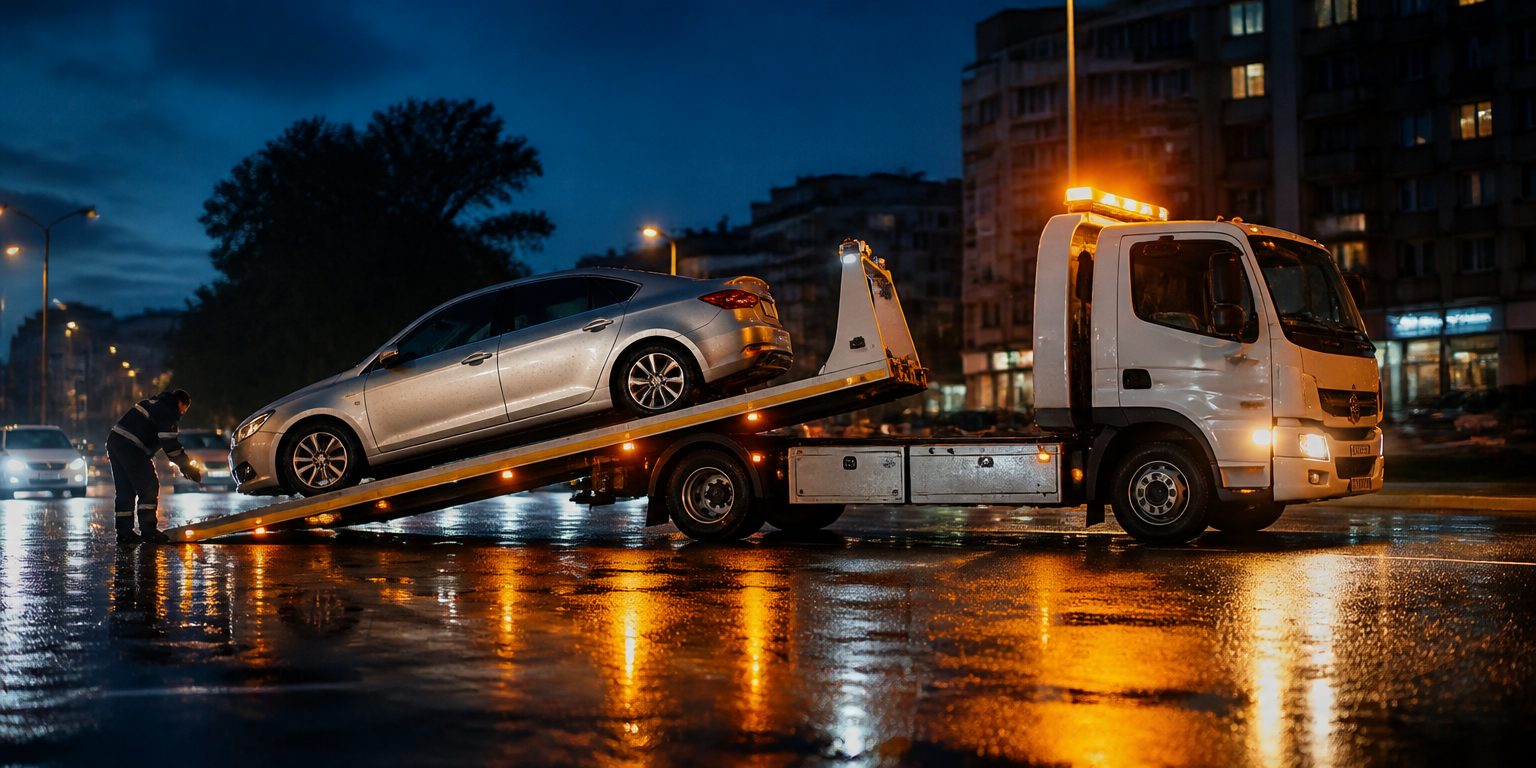 Islak zeminde bir sedan aracı platformuna yükleyen oto çekici