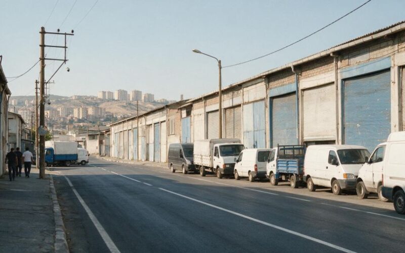 Sanayi sitesi caddesi, sıralı depo üniteleri ve panelvanlar