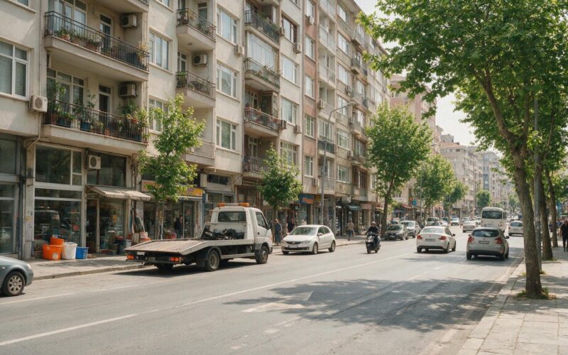 Ağaçlı bir cadde kenarında park etmiş çekici