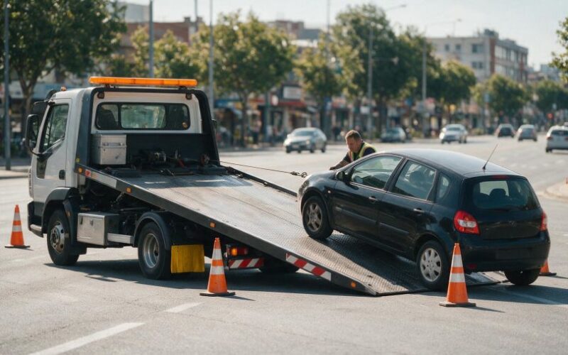 Vinç halatıyla platforma çekilen hatchback